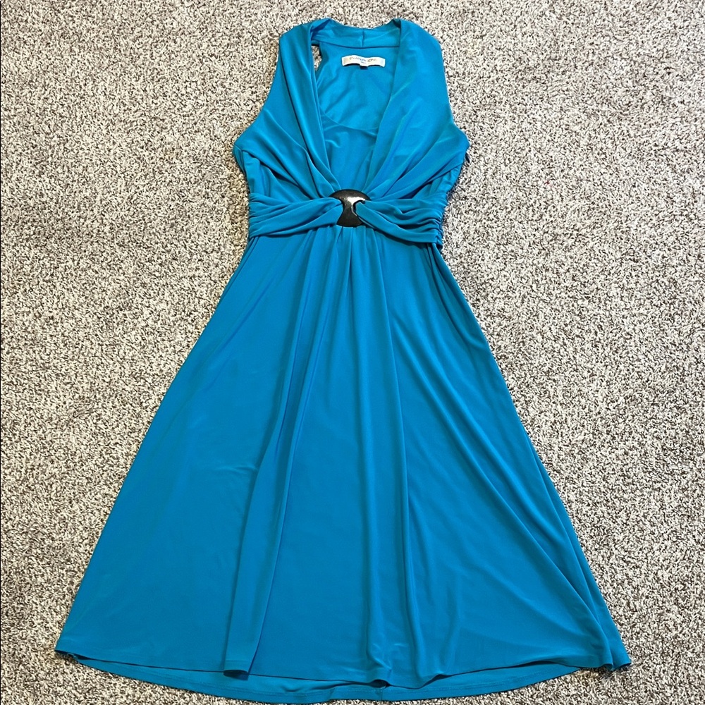 Evan Picone Teal V-Neck Midi Dress with Center Ring